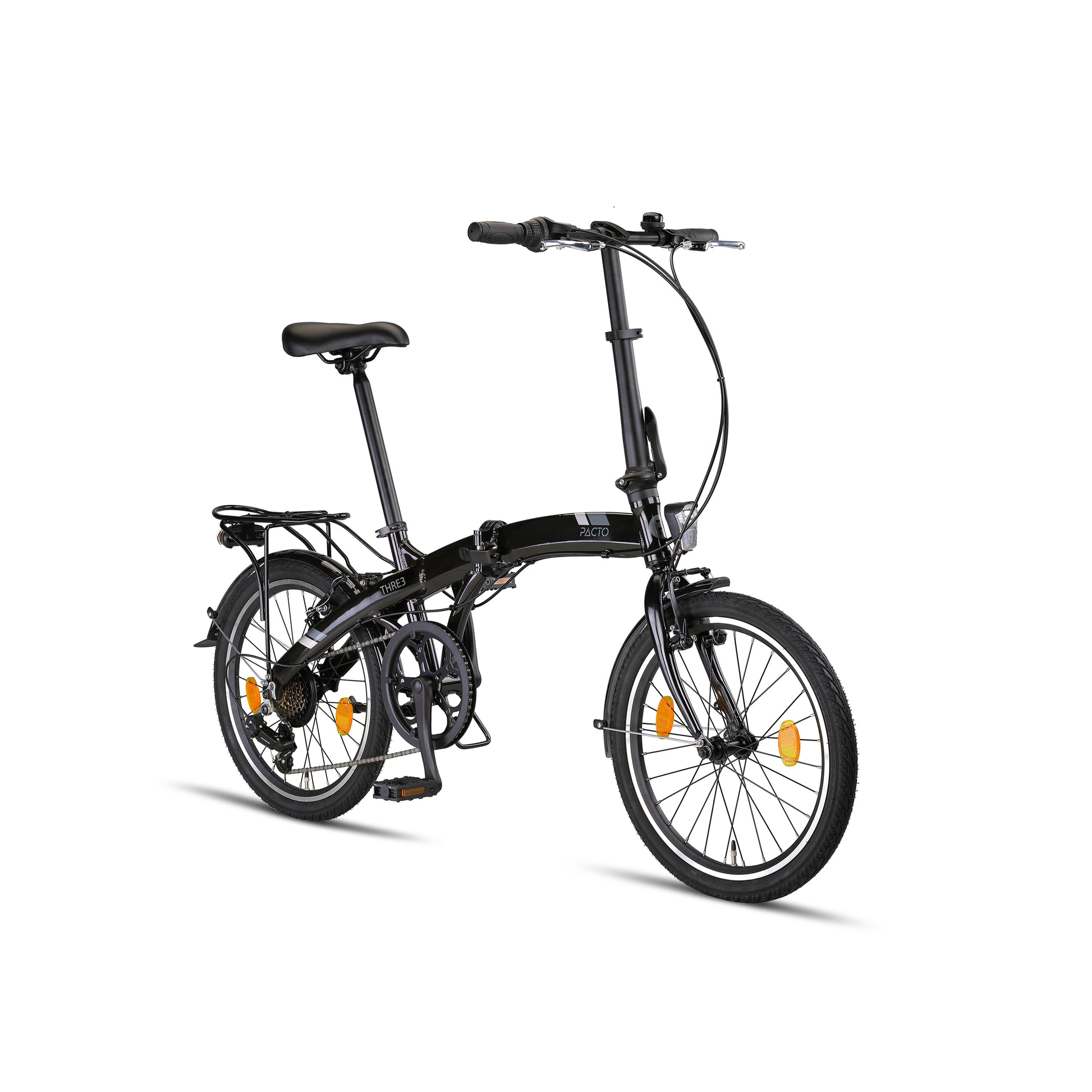 PACTO THREE BLACK 20-inch folding bike with rack and Shimano 6-speed, compact urban design. vouwfiets met bagagedrager en Shimano 6-speed, compact urban design.
