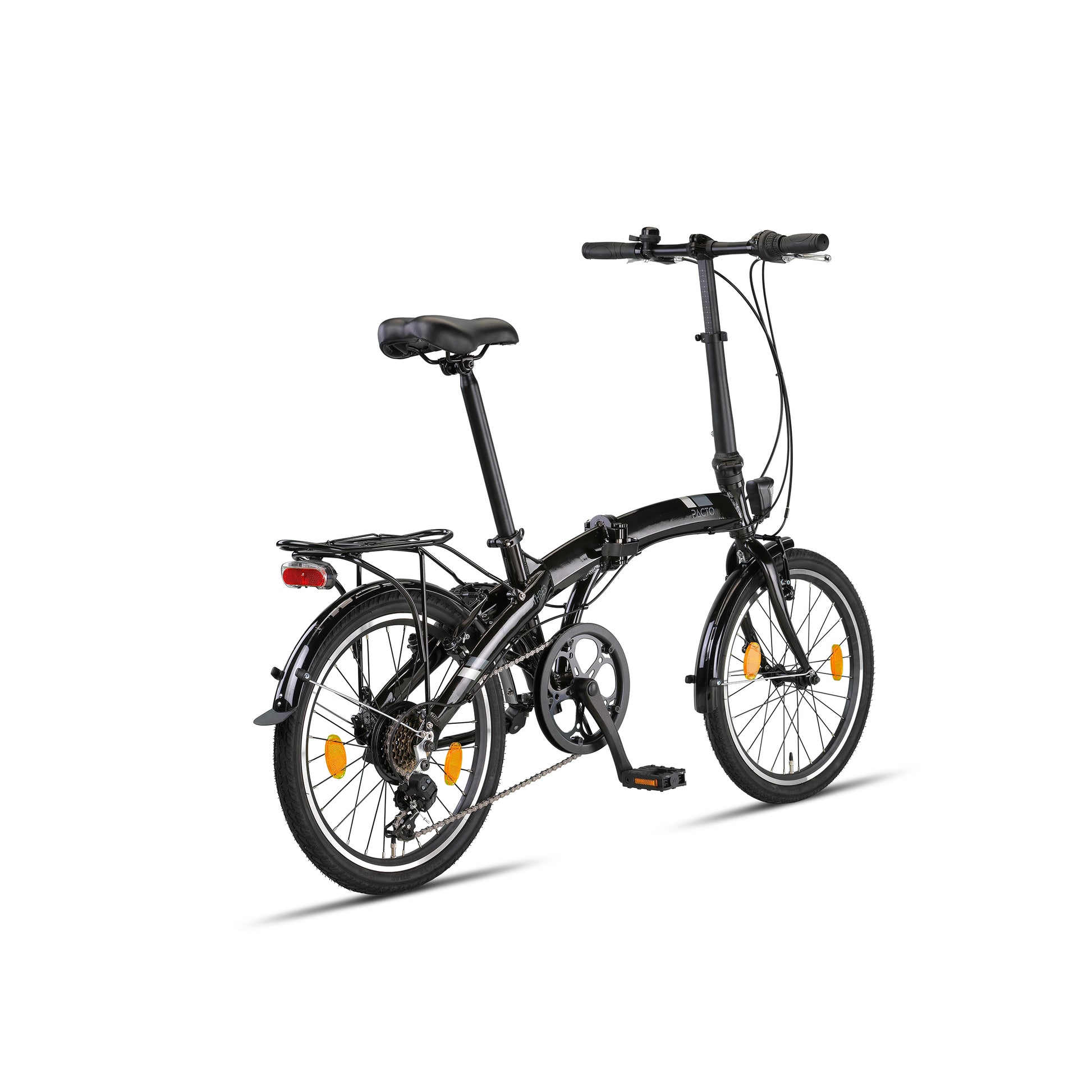 PACTO THREE BLACK 20-inch folding bike with rack and Shimano 6-speed, compact urban design. vouwfiets met bagagedrager en Shimano 6-speed, compact urban design.