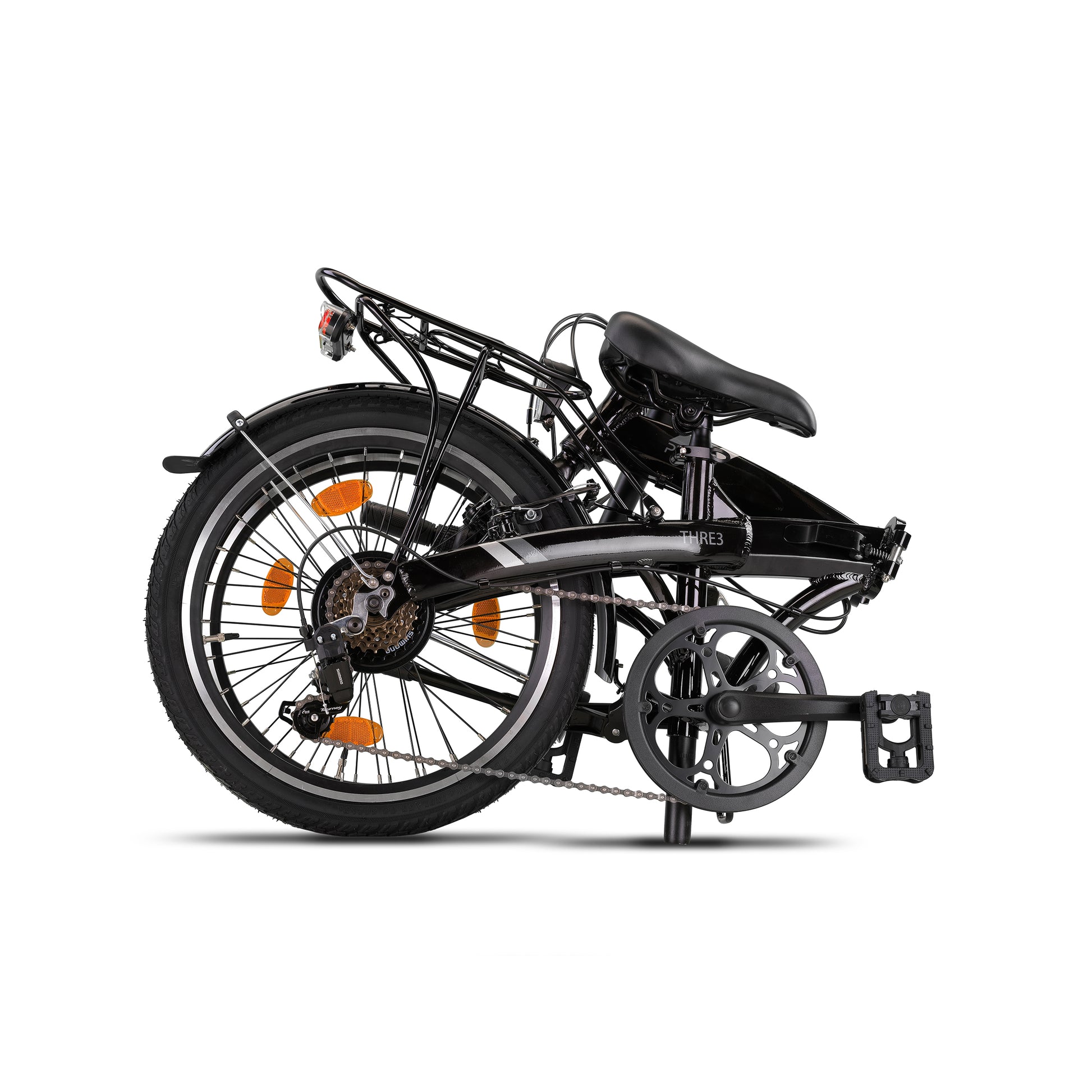 PACTO THREE BLACK 20-inch folding bike with rack and Shimano 6-speed, compact urban design. vouwfiets met bagagedrager en Shimano 6-speed, compact urban design.