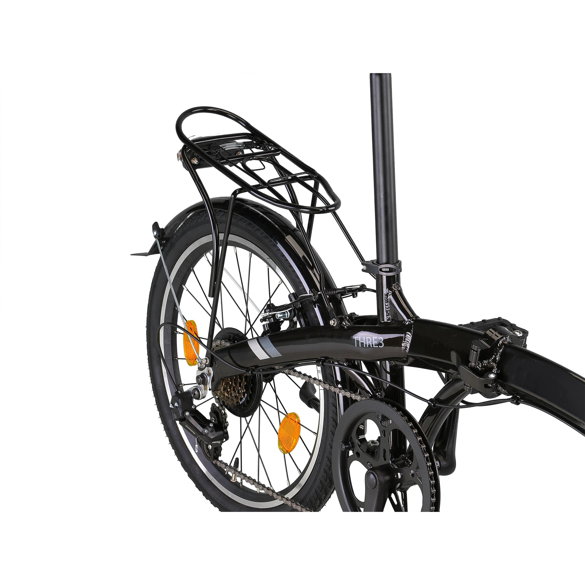 PACTO THREE BLACK 20-inch folding bike with rack and Shimano 6-speed, compact urban design. vouwfiets met bagagedrager en Shimano 6-speed, compact urban design.