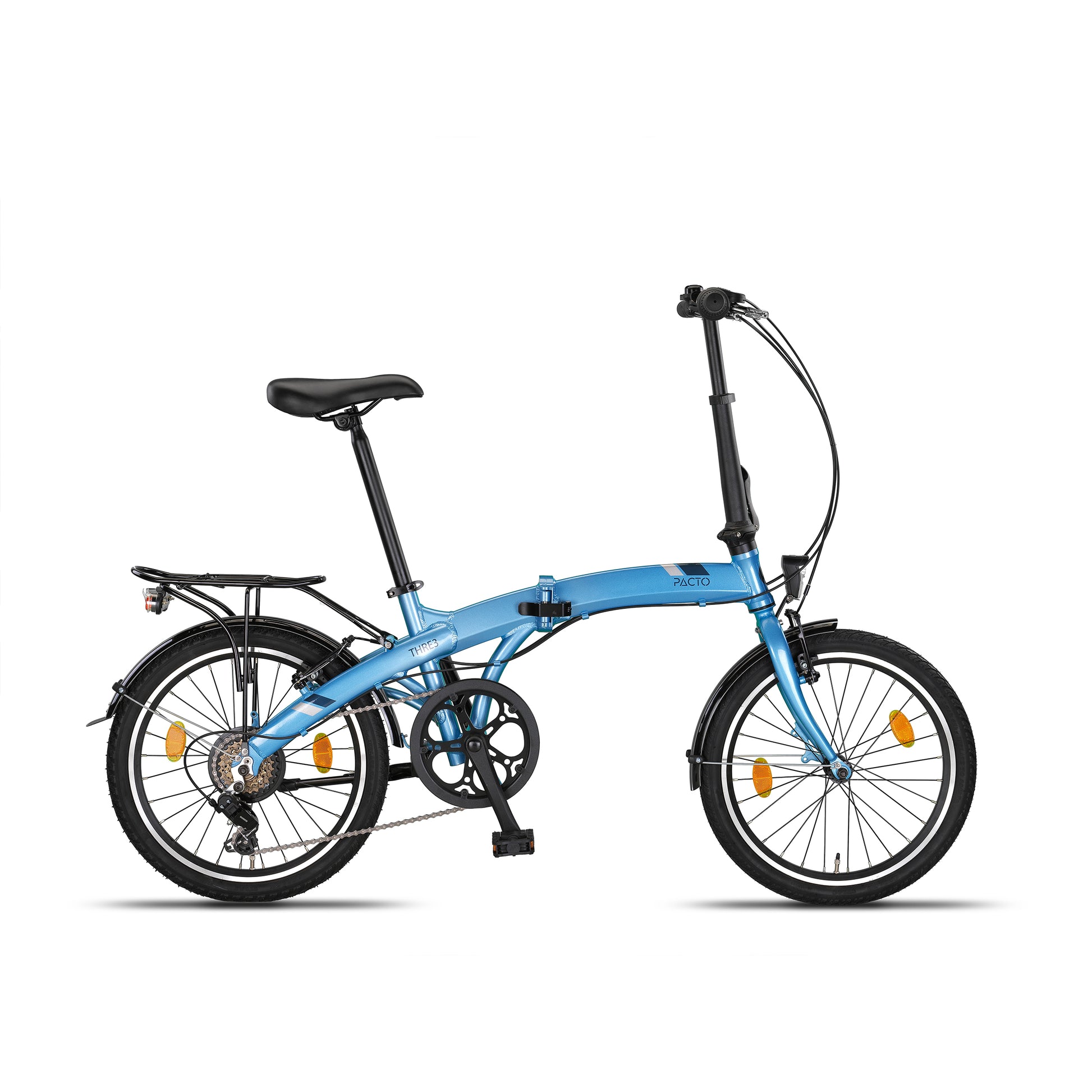 PACTO THREE BLACK 20-inch folding bike with rack and Shimano 6-speed, compact urban design. vouwfiets met bagagedrager en Shimano 6-speed, compact urban design.