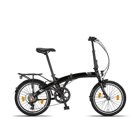 PACTO THREE blue 20-inch folding bike with rack and Shimano 6-speed, compact urban design. vouwfiets met bagagedrager en Shimano 6-speed, compact urban design.